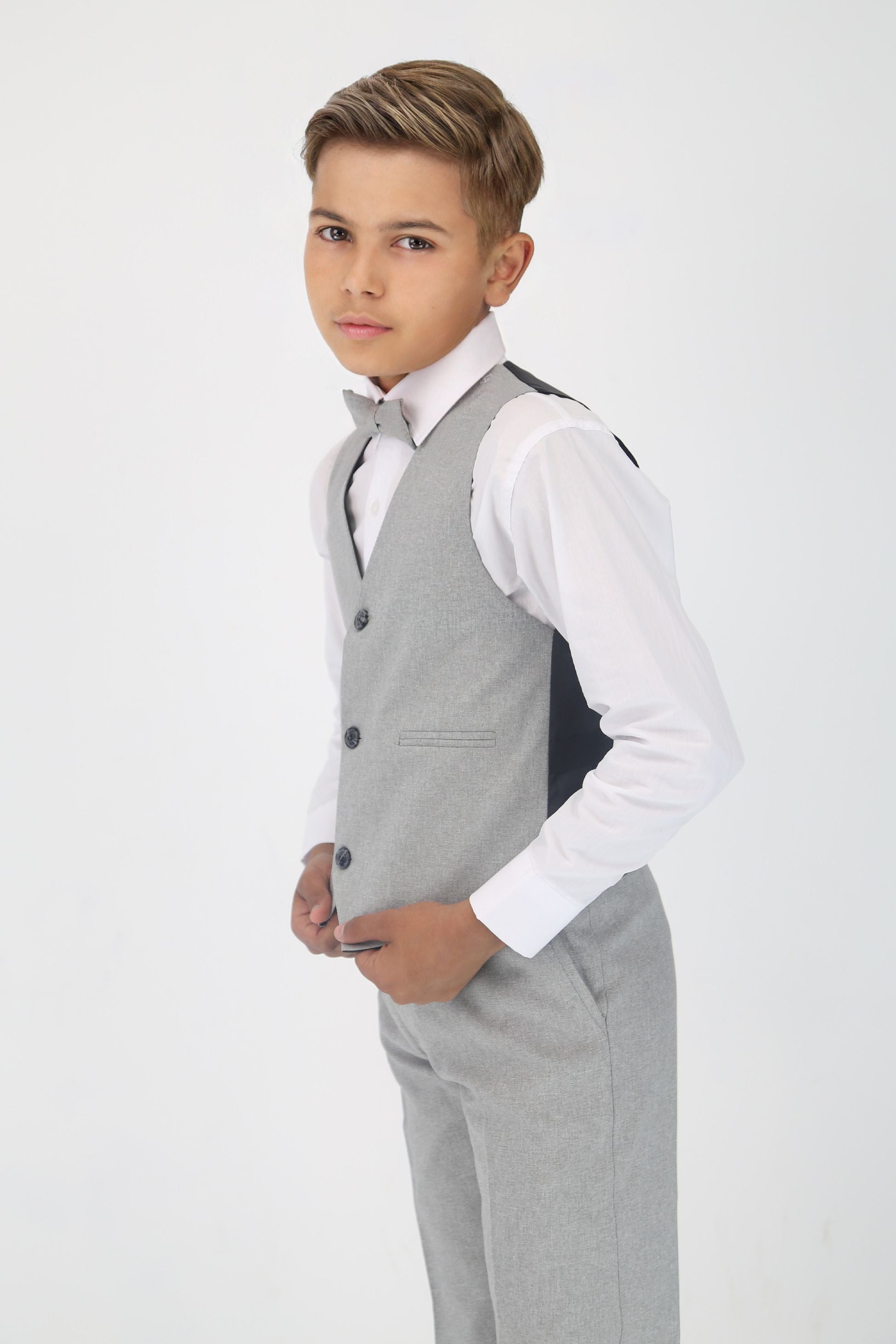 Boys Slim Fit Textured 8-Piece Formal Suit Set - Light Grey