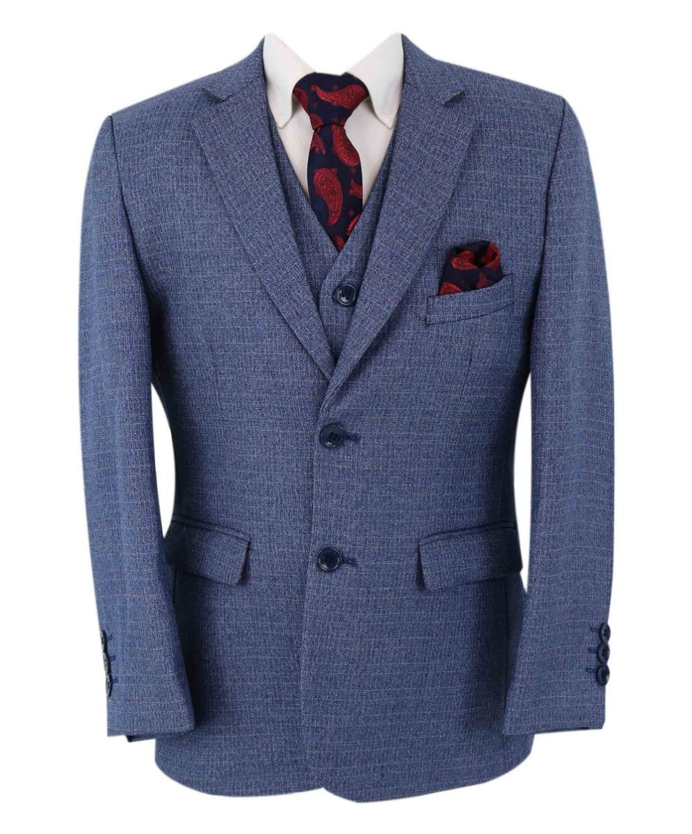 Boys Textured Tailored Fit Blue Suit - LONDON - Mid-Denim Blue