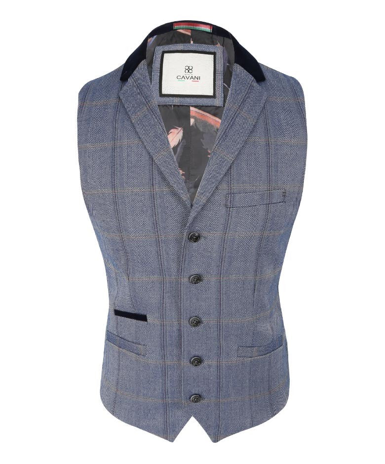 Men's Slim Fit Tweed Check Blue Suit - CONNALL - Blue