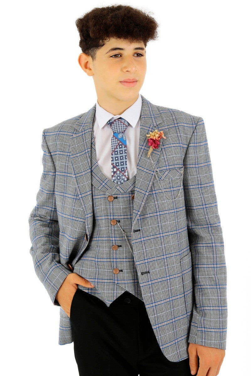 Boys Windowpane Check Slim Fit Suit - Blue - Black