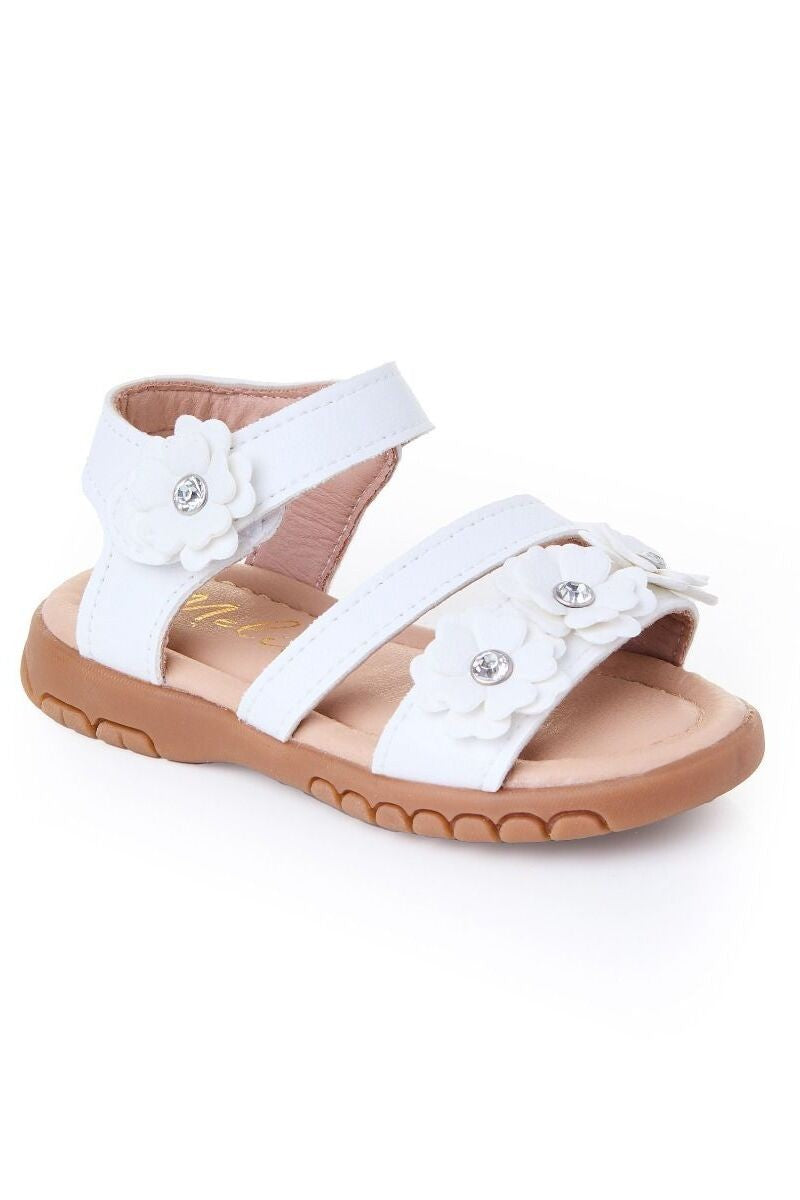 Little Girls’ Floral Sandal Shoes with Rhinestones - ARABELLA - White