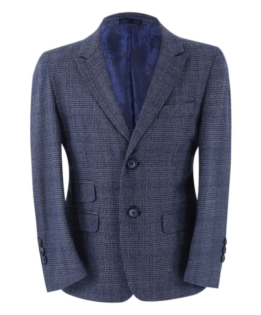 Boys Tweed Check Blue Suit - GRAHAM - Blue