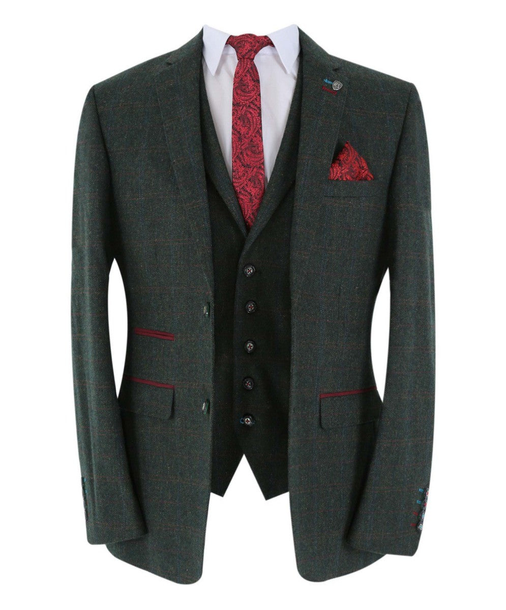 Men's Tweed Check Tailored Fit Suit - JOSHUA Green - Dark Green