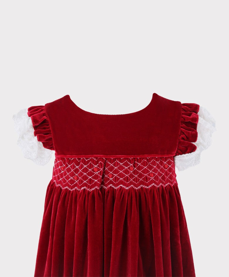 Girls Smocked Velvet Sleeping Gown 2 Pieces Set - Wine Red