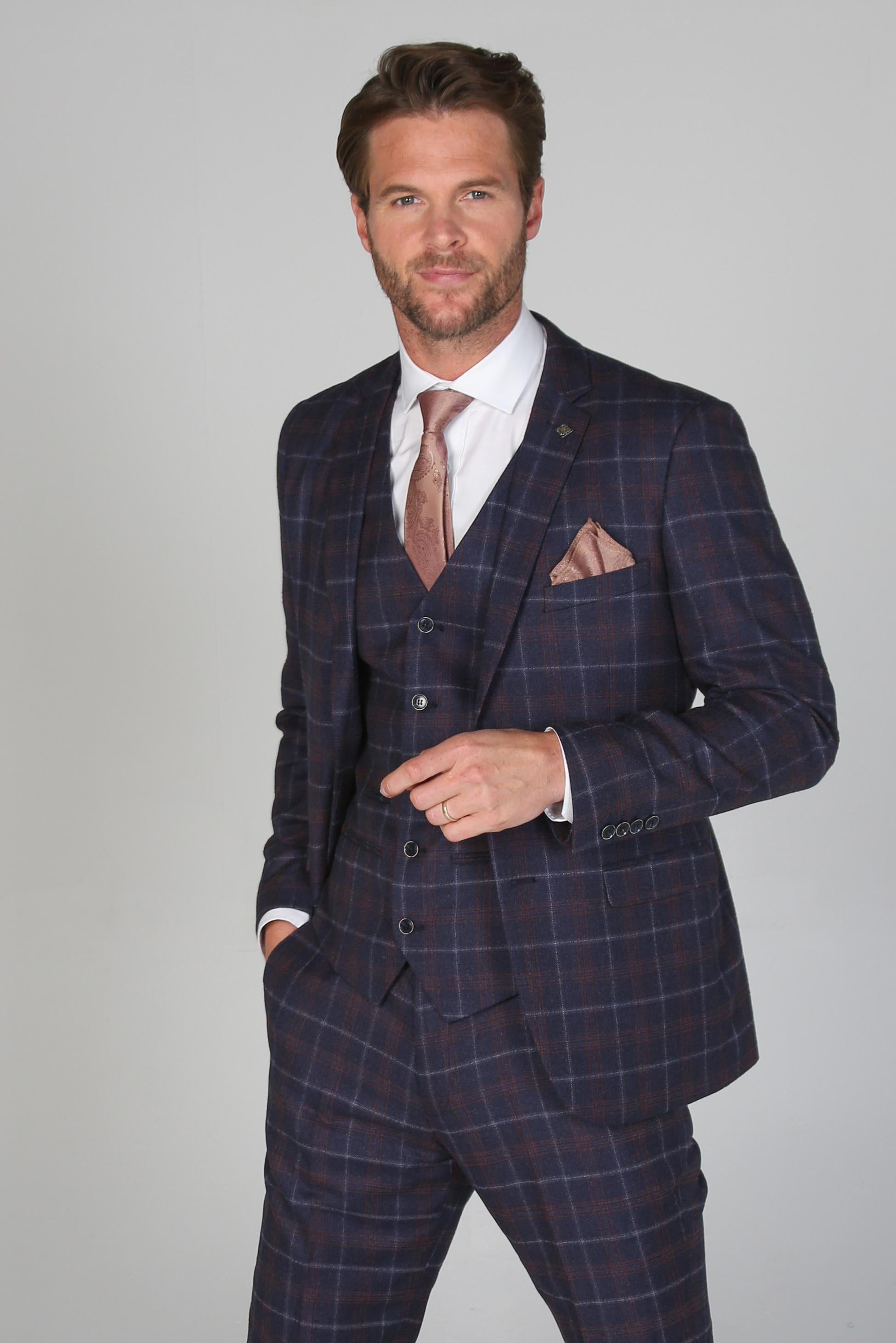 Men’s Retro Check Navy Suit Jacket- KENNETH - Navy