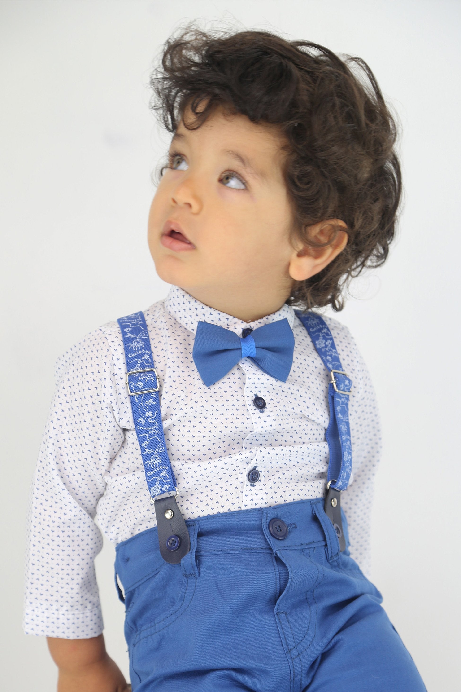 Baby Boys Gentleman Outfit - 4 PC Suspenders Pant Suit Set - BIRD - Blue