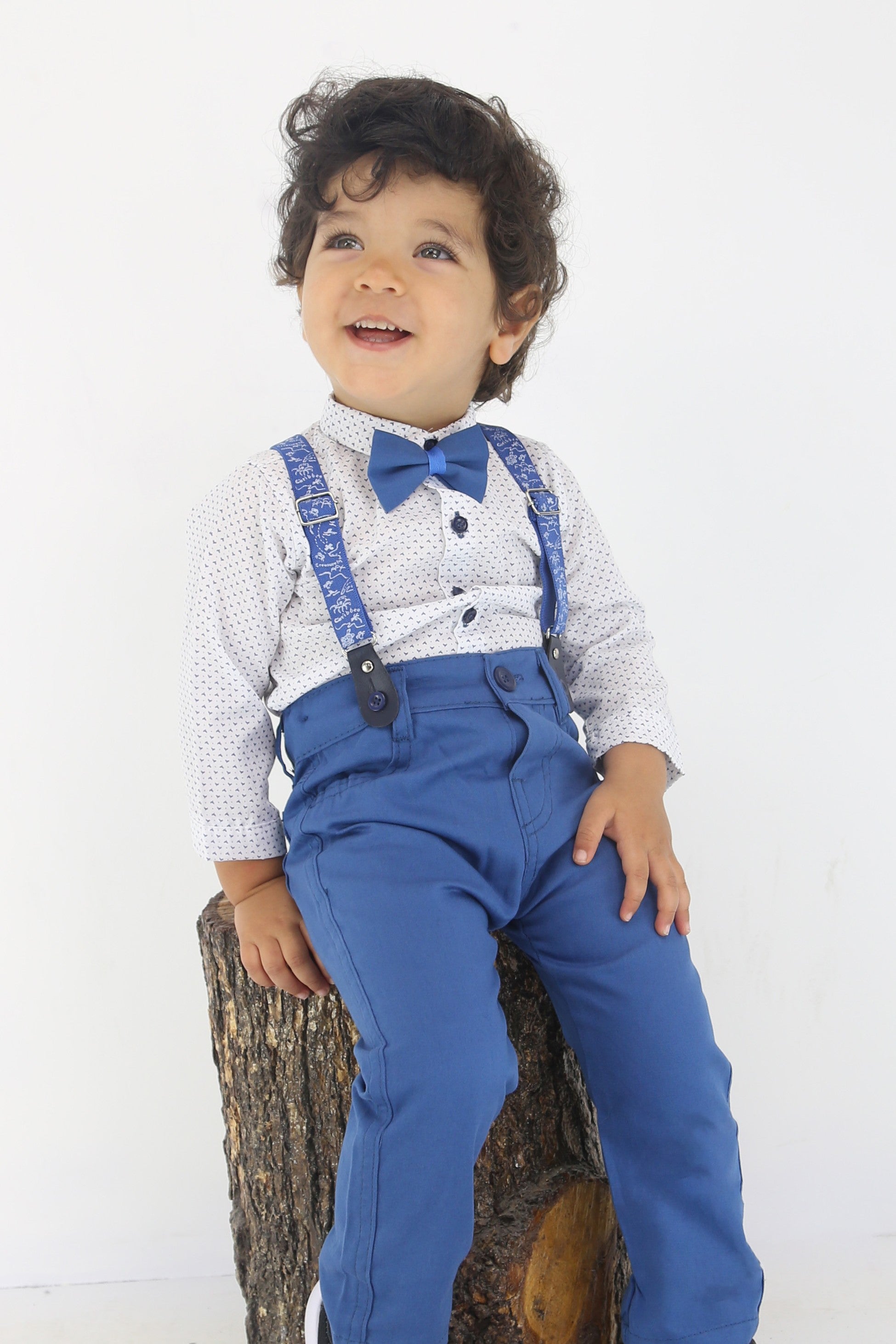 Baby Boys Gentleman Outfit - 4 PC Suspenders Pant Suit Set - BIRD - Blue