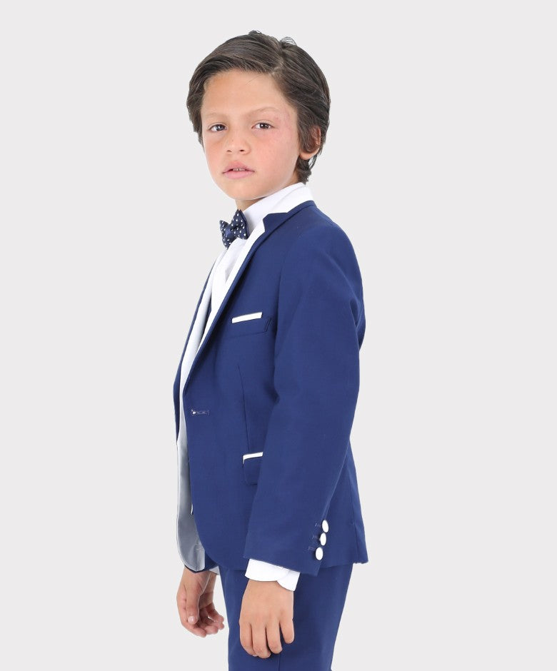 Boys Exclusive Piping Tuxedo Suit - Dark Blue - White