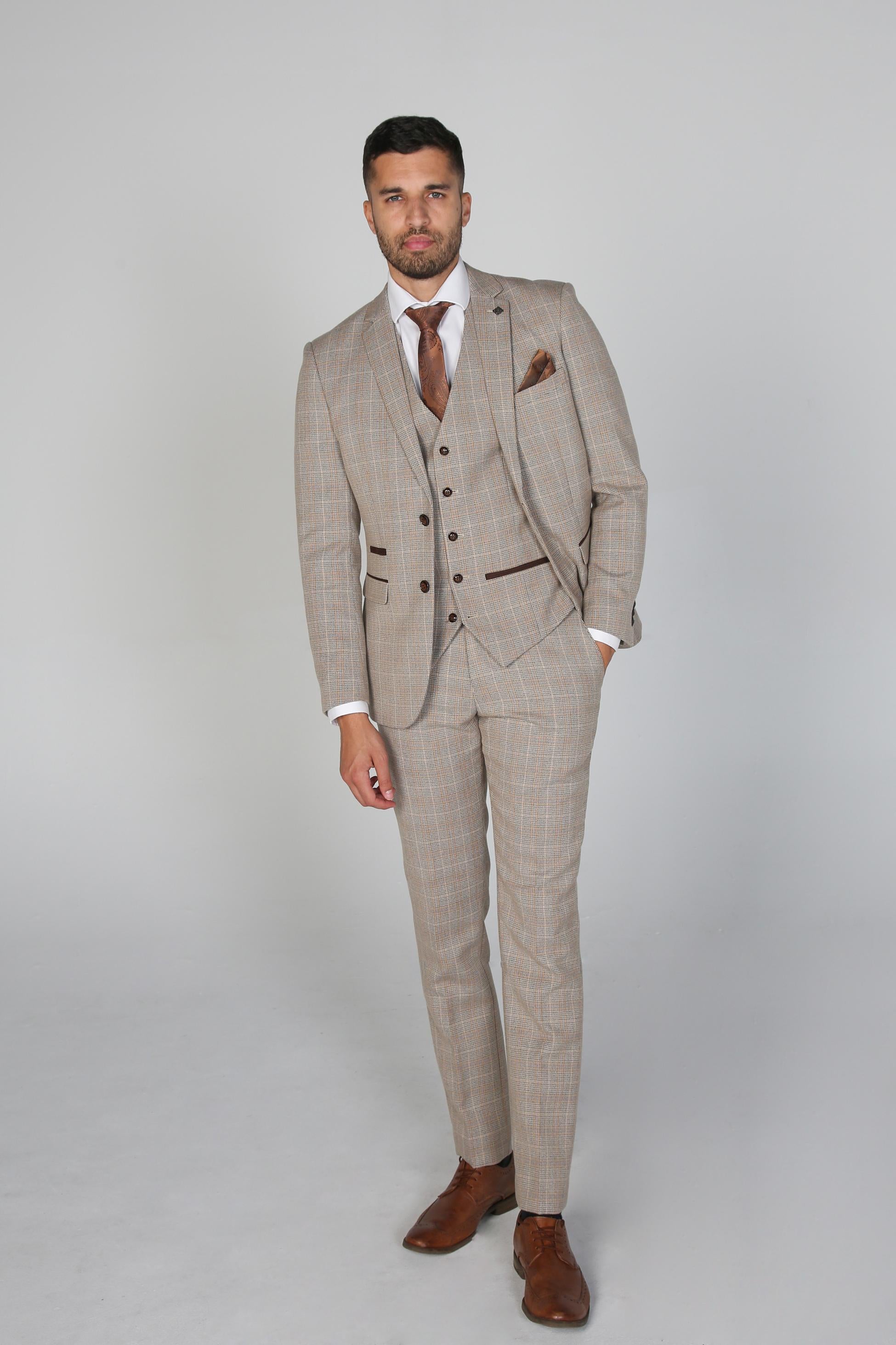 Men's Tweed Check Tailored Fit Beige Suit - HOLLAND - Beige - Brown