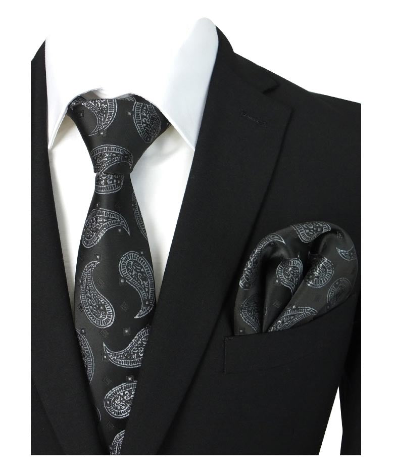 Boys & Men's Paisley Swirls Formal Tie & Hanky Set - Black - White