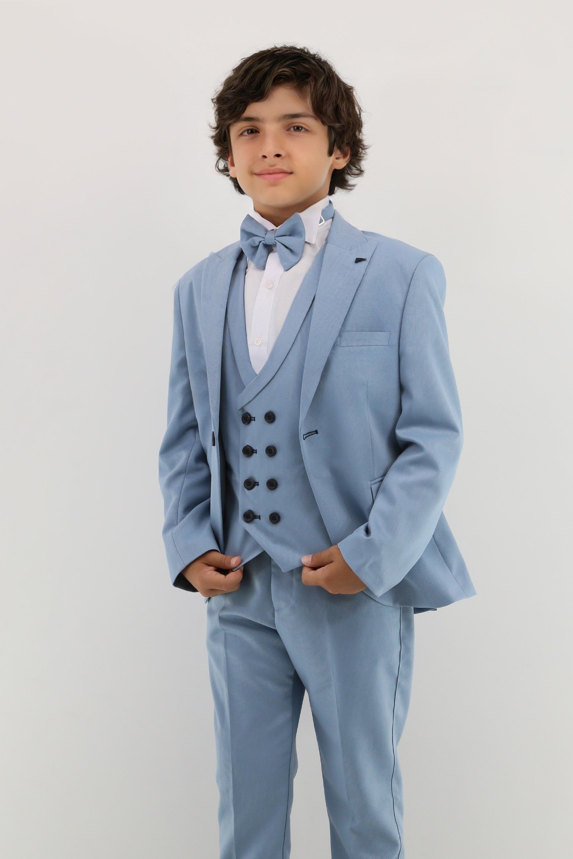 Boys Suit with Double Breasted Waistcoat 6 PC Set - Light Blue