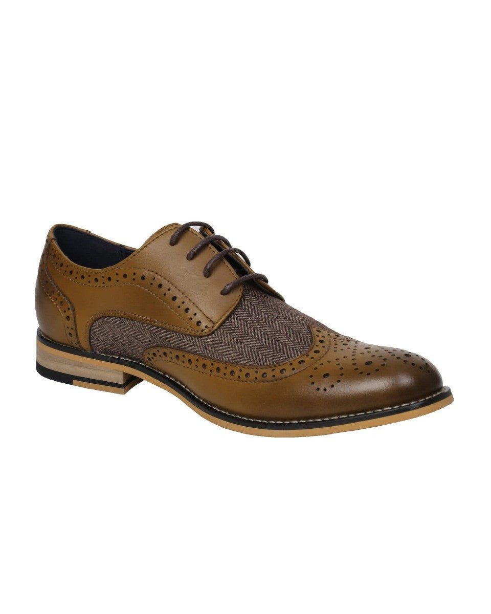 Men's Lace Up Tweed Leather Brogue Shoes - HORATIO - Tan Brown