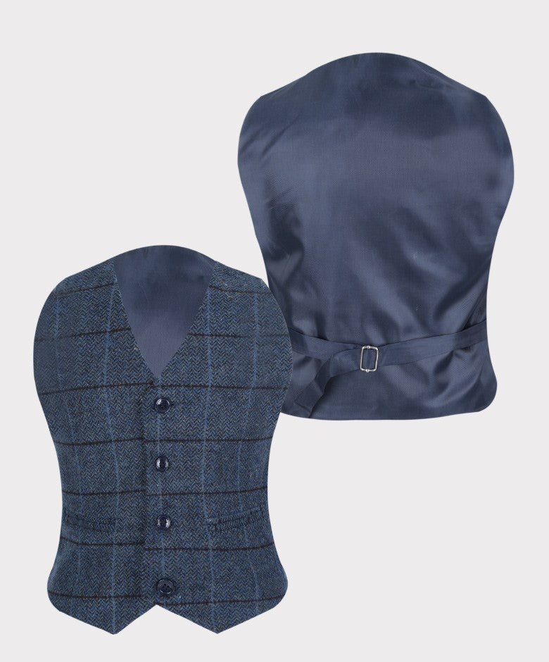 Boys Tailored Fit Herringbone Tweed Check Blue Suit - Blue