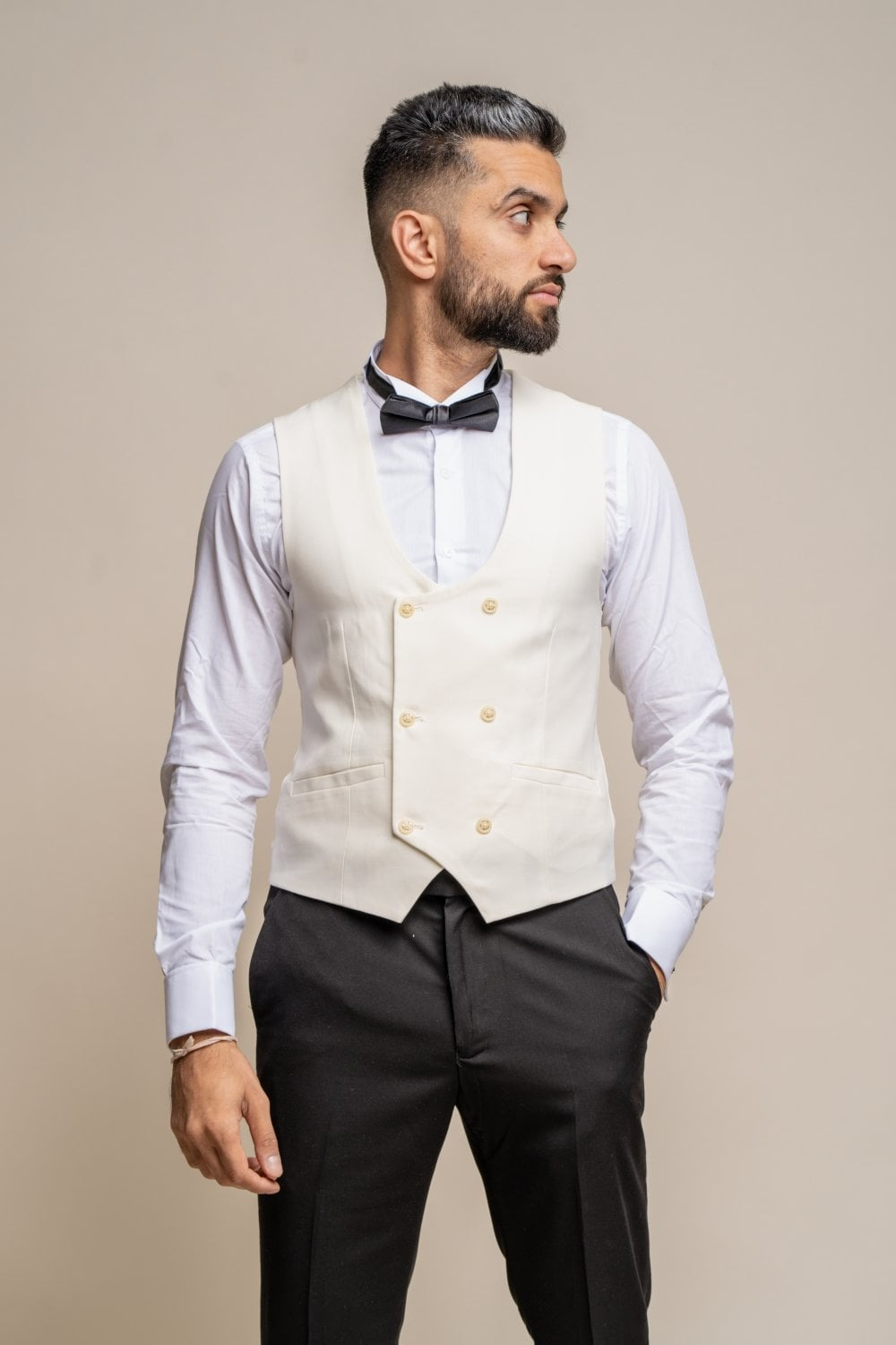 Men's Slim Fit Double Breasted Waistcoat - MARCO - Cream