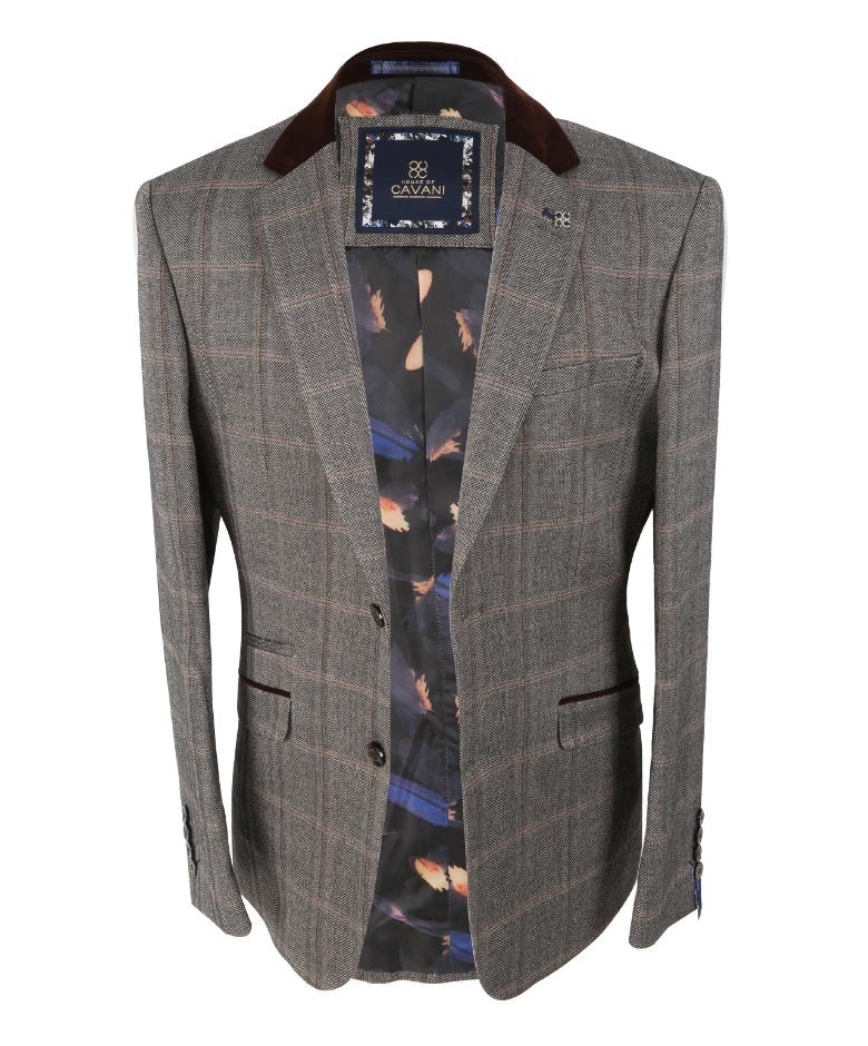 Men's Slim Fit Tweed Check Retro Suit - Connall Brown - Brown