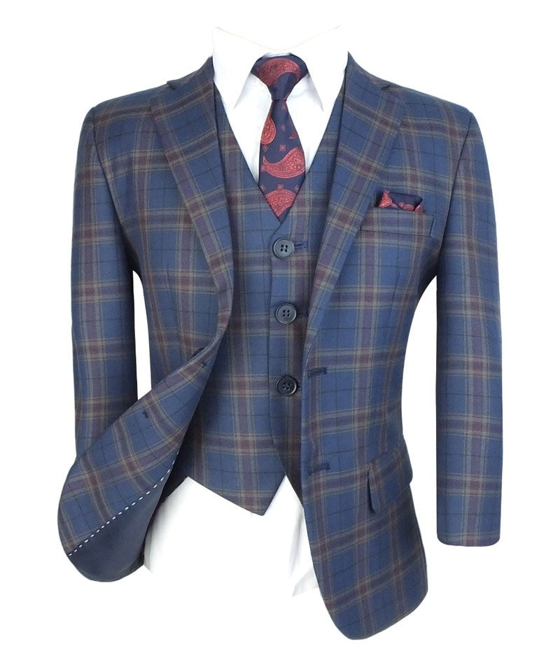 Boys Tailored Fit Retro Check Navy Suit - Navy Blue - Gold - Maroon