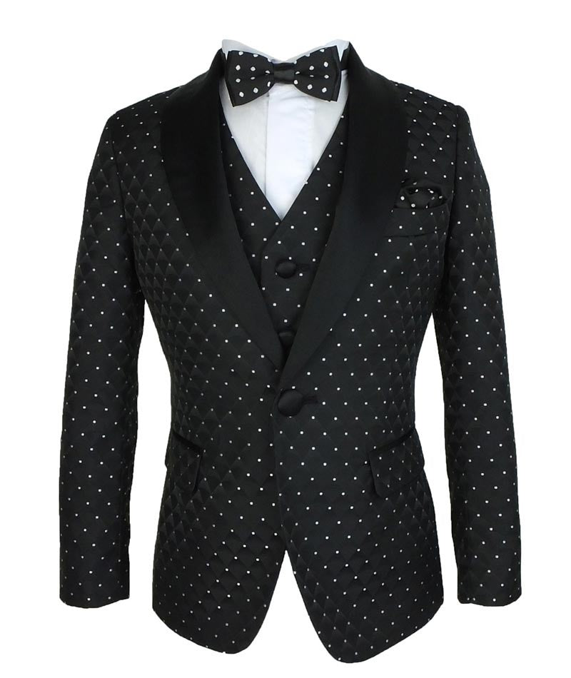 Boys Quilted Dotted BlackTuxedo Suit - Black