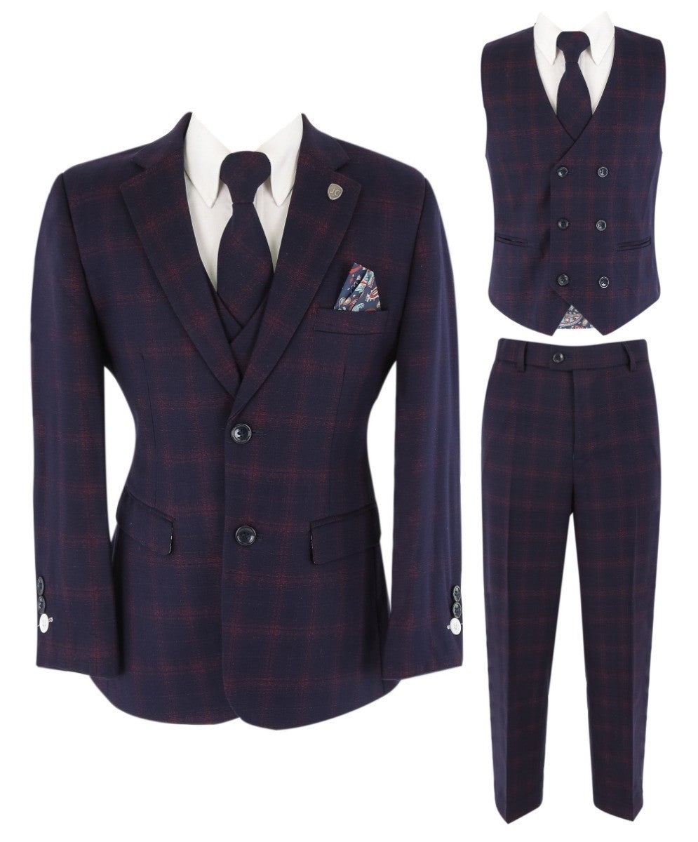 Boys Retro Check Tailored Fit Navy Suit - Navy Blue and Burgundy