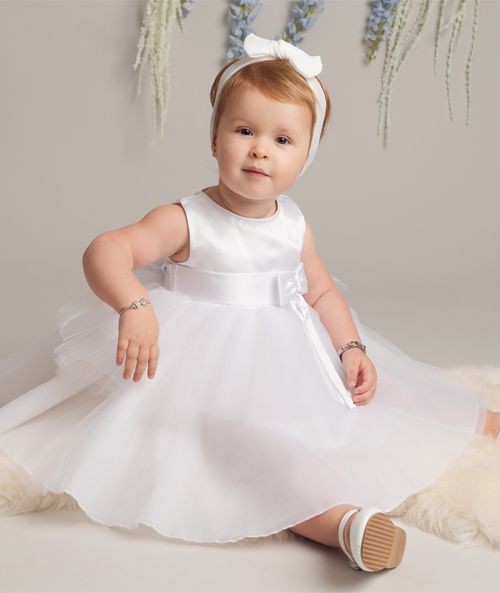 Baby Girls Christening Dress with Satin Bow - K038 - White