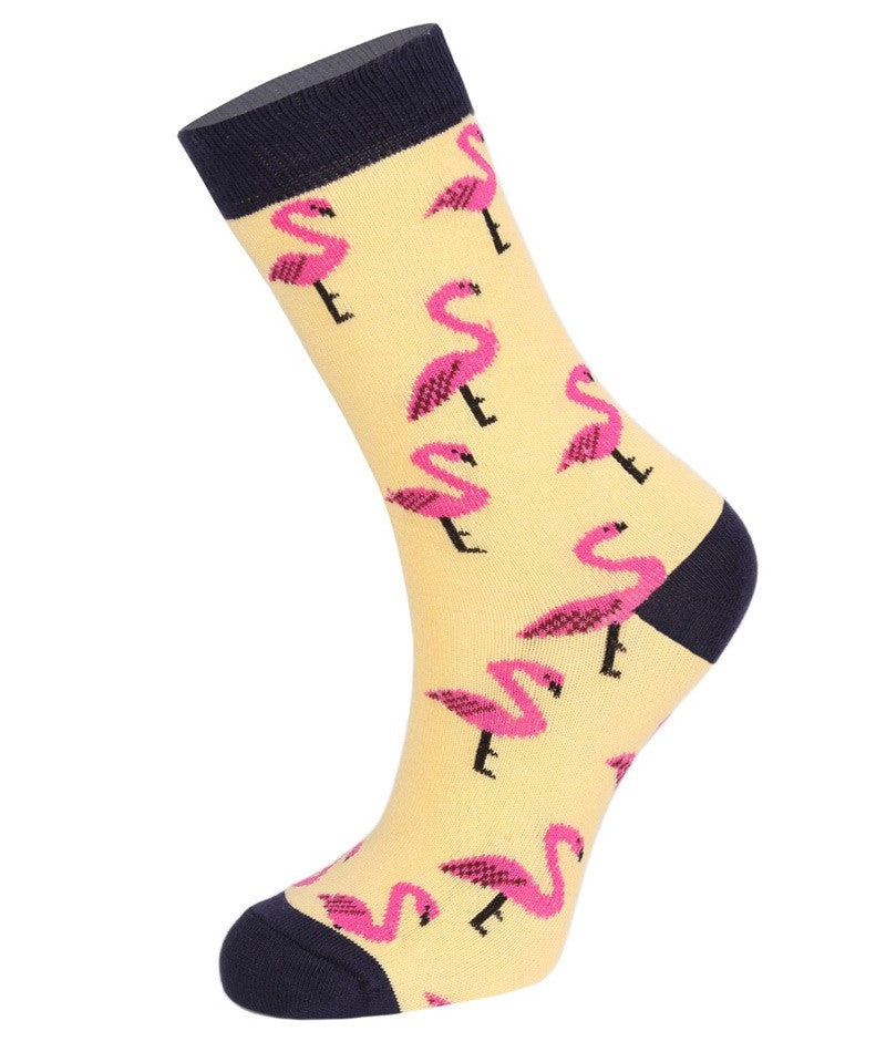 Unisex Kids Flamingo Socks- Novelty - Yellow - Pink- Navy Blue