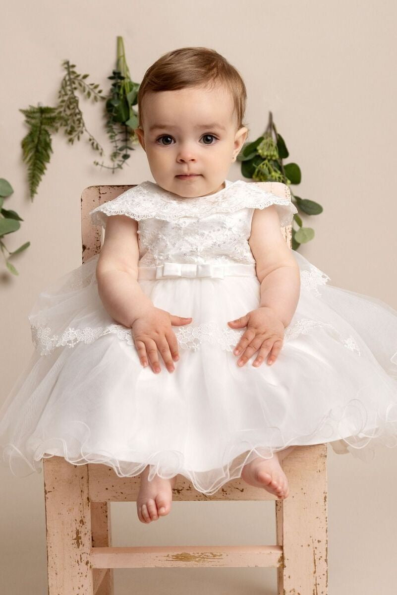 Baby Girls Layered Christening Lace Cape Dress - HAZEL - Ivory