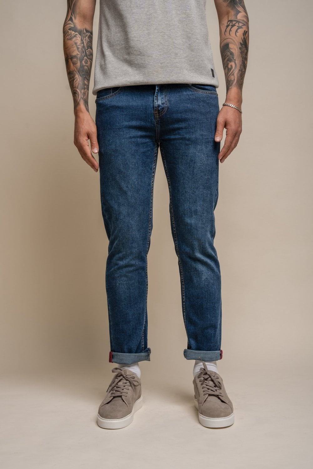 Men's Cotton Slim Fit Stretch Denim Jeans - MILANO - Stone Wash Blue