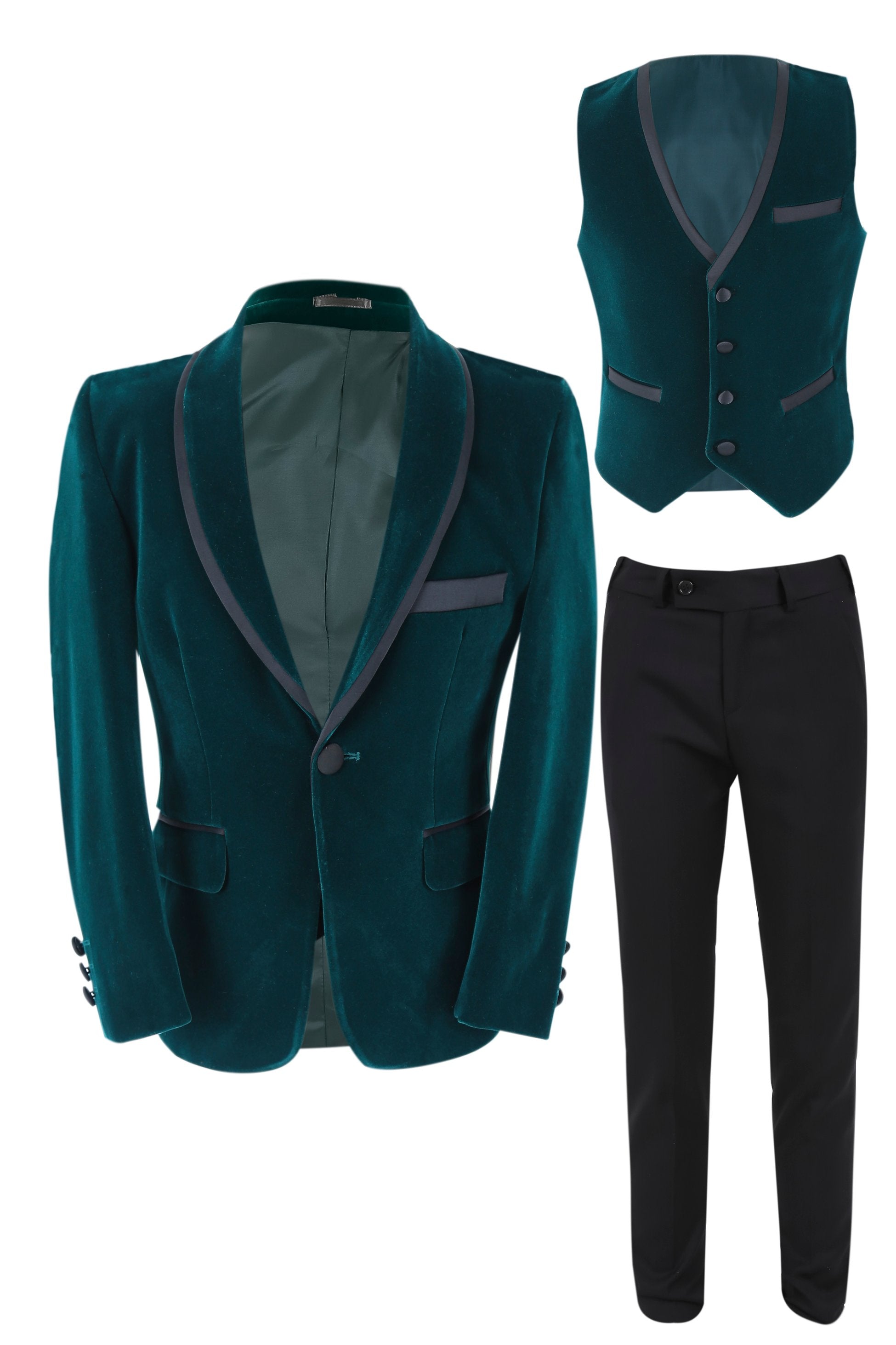 Boys Slim Fit Piping Velvet Tuxedo Suit - LONDON - Dark Green