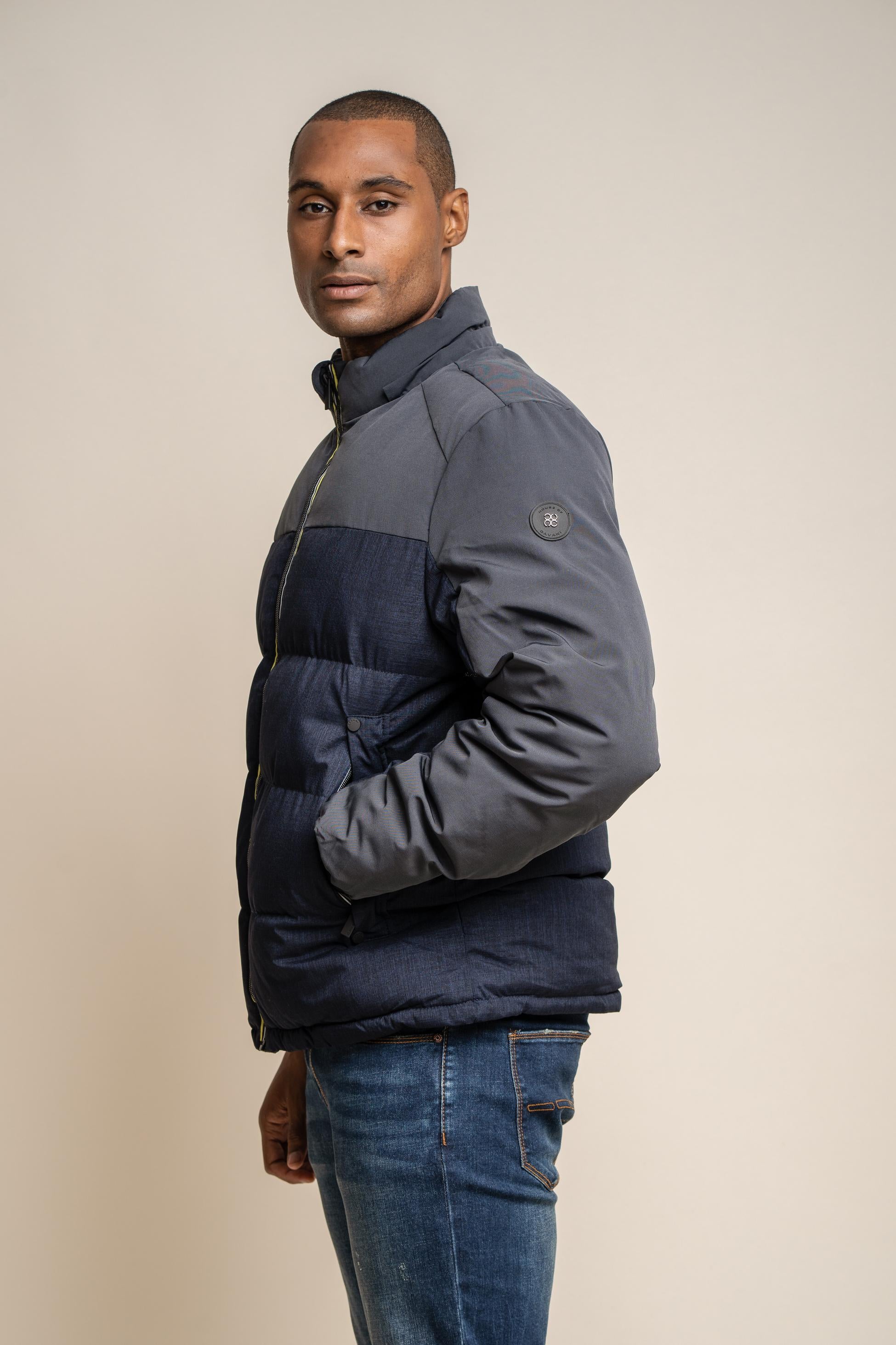 Men's Padded Midi Coat - Farros Puffer - Navy Blue and Grey