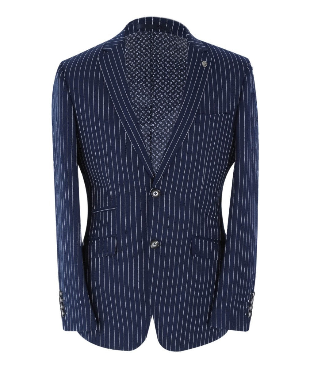 Men's Tailored Fit Pinstripe Navy Suit - MASON - Navy Blue