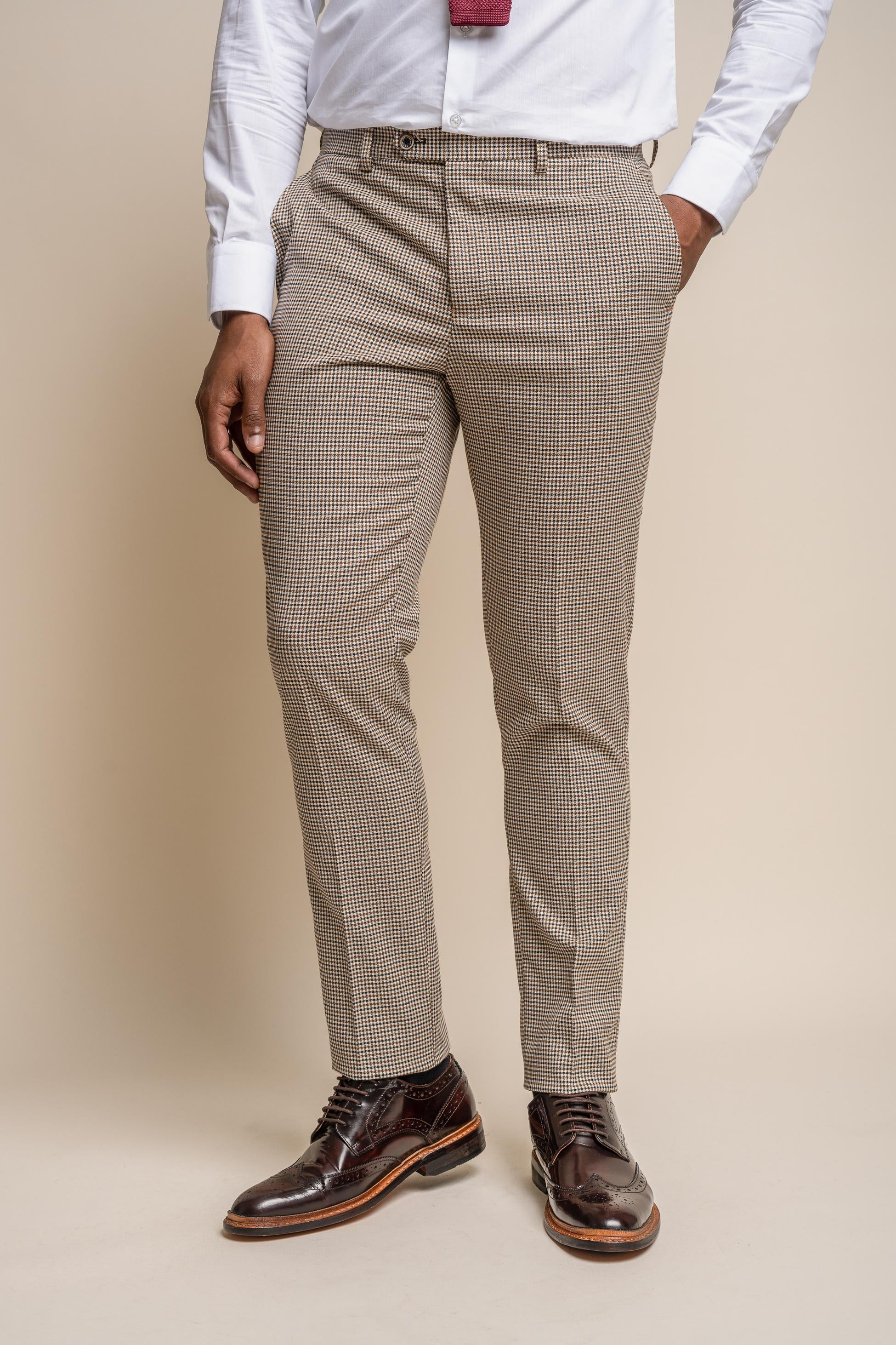 Men's Houndstooth Check Skinny Fit Trousers - ELWOOD - Tan Brown