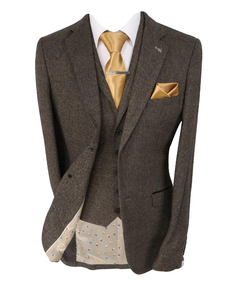 Men's Herringbone Tweed Slim Fit Formal Suit - MARTEZ - Brown