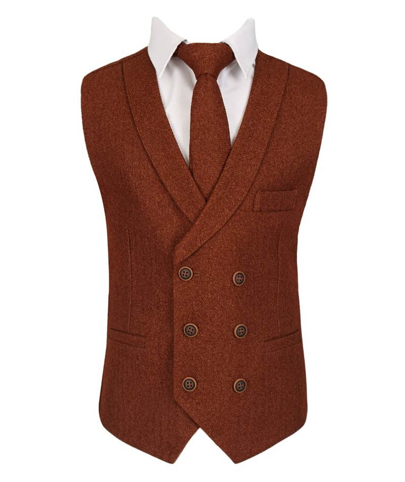 Men's and Boys Herringbone Double-breasted Waistcoat Set - Cinnamon Brown