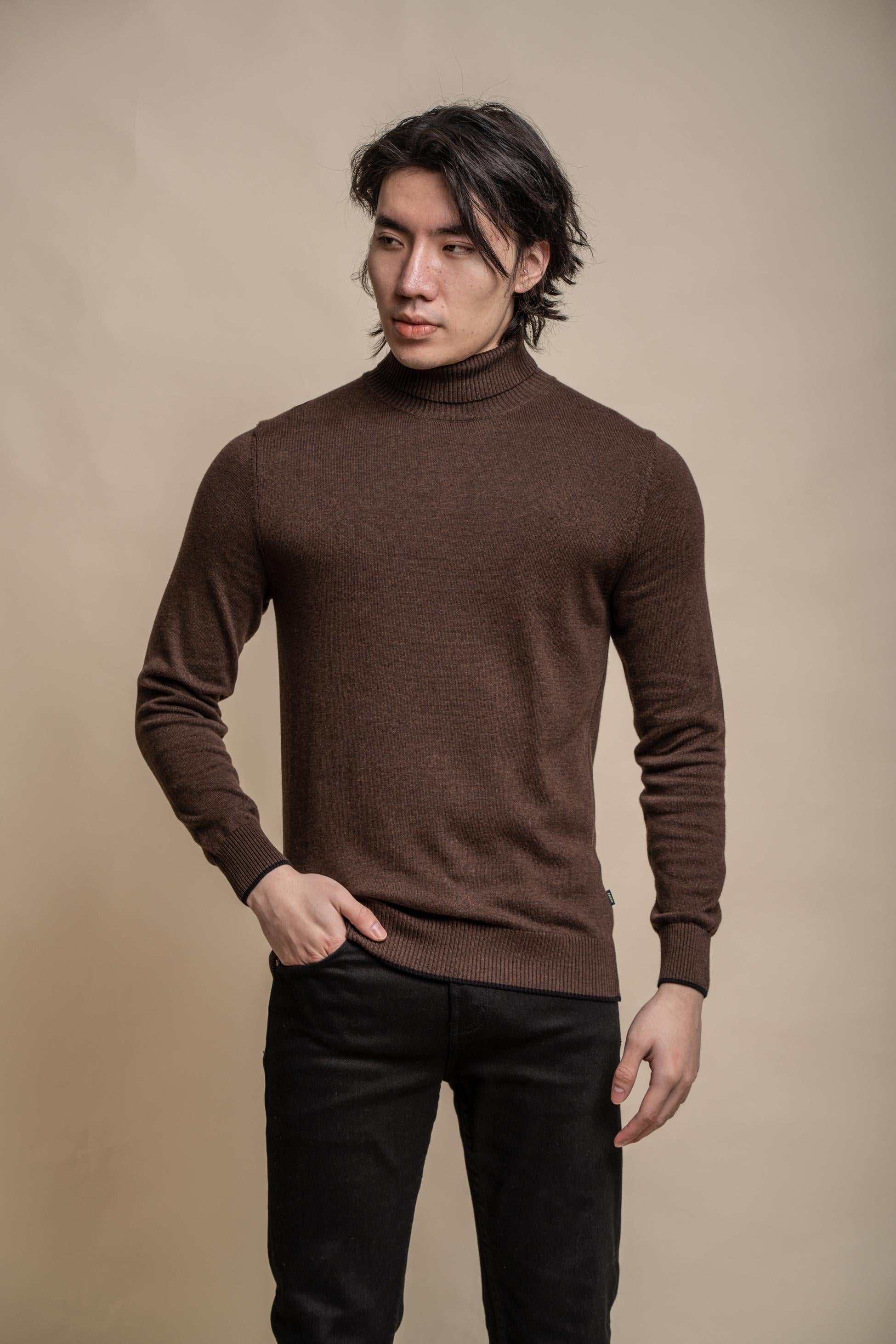 Men's Cotton Turtleneck Jumper - KARRIS - Brown