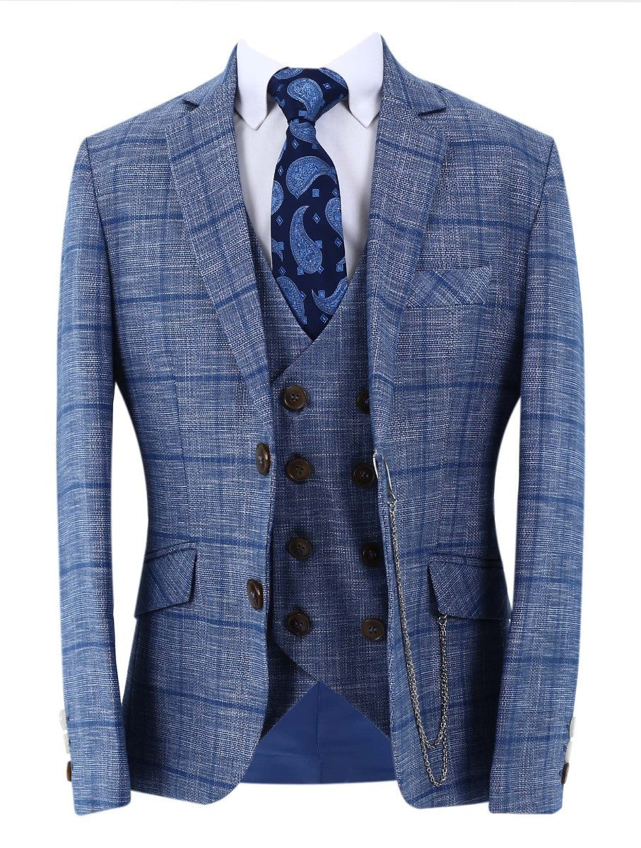 Boys Slim Fit Windowpane Check Suit - Blue