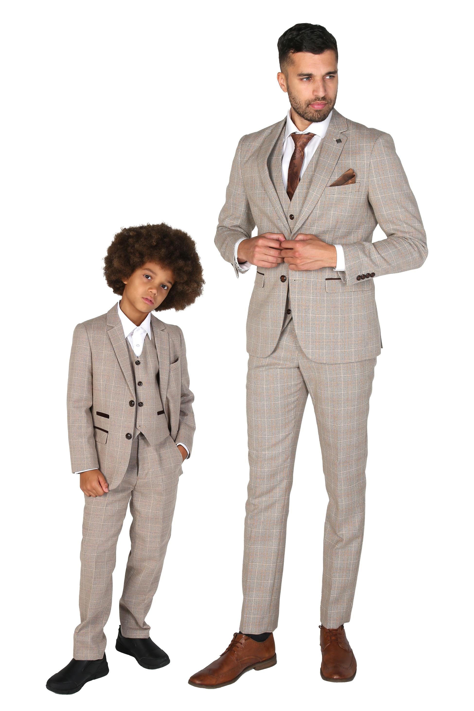 Boys Tweed Check Tailored Fit Beige Formal Suit - HOLLAND - Beige - Brown