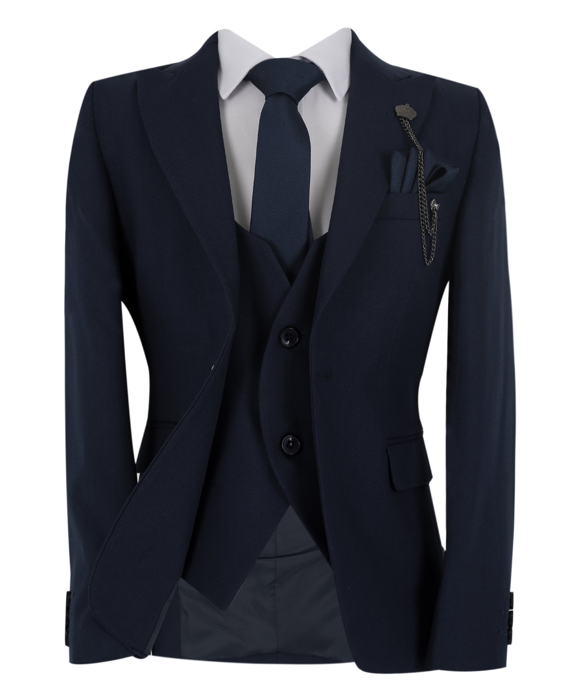 Boys Slim Fit Herringbone 8 Piece Suit Set - KING - Navy Blue