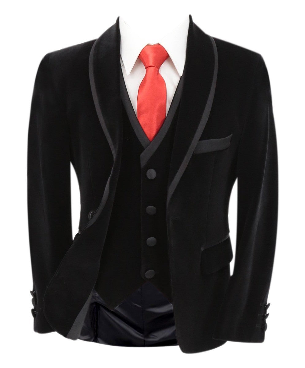 Boys Slim Fit Piping Velvet Tuxedo Suit - LONDON - Black