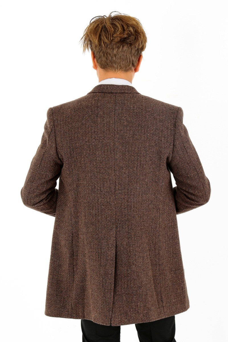 Boys Wool Tweed Patterned Midi Coat - Light Brown