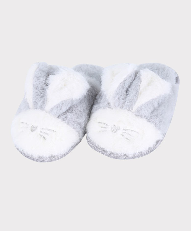 Girls Plush Bunny Fur Slippers - Grey