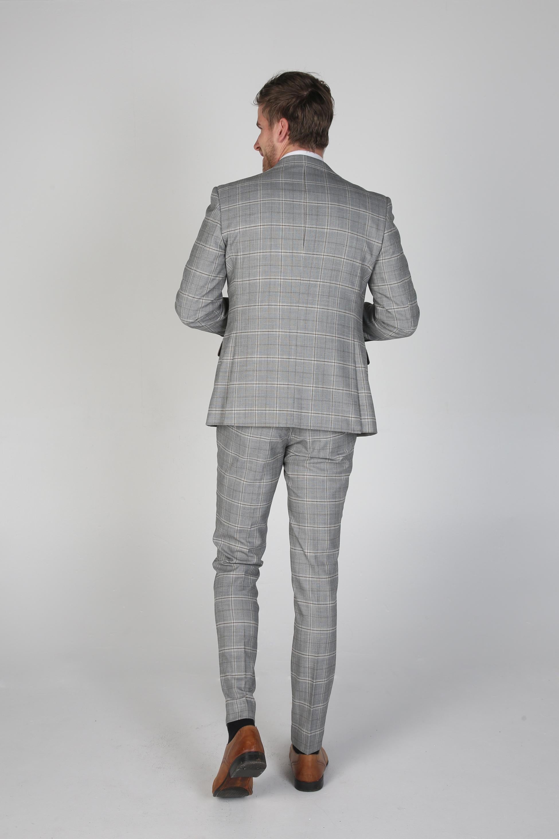 Men's Windowpane Check Grey Suit Jacket- FRANCIS - Grey