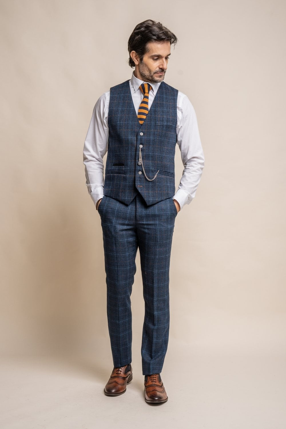 Men's Windowpane Check Tweed Blue Waistcoat - CODY - Navy Blue