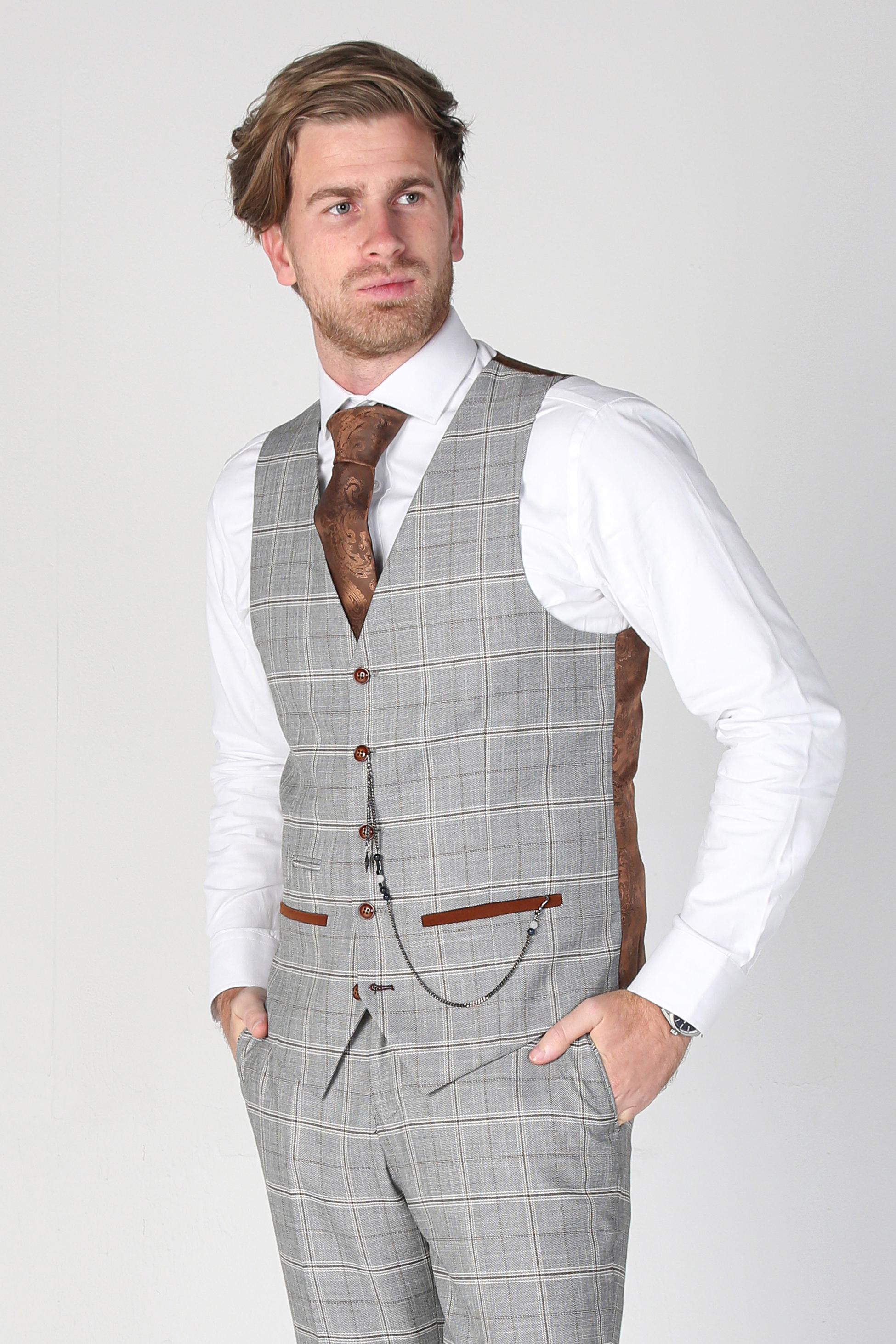 Men's Windowpane Check Grey Waitcoat - FRANCIS - Grey