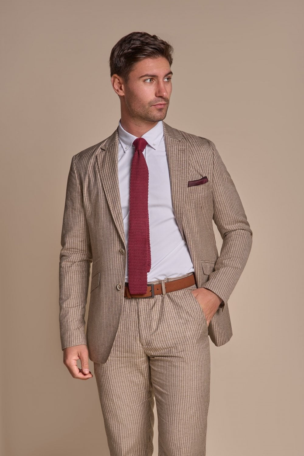 Men’s Slim Fit Pinstripe Beige Suit – KRAKEN Sand - Sand Beige