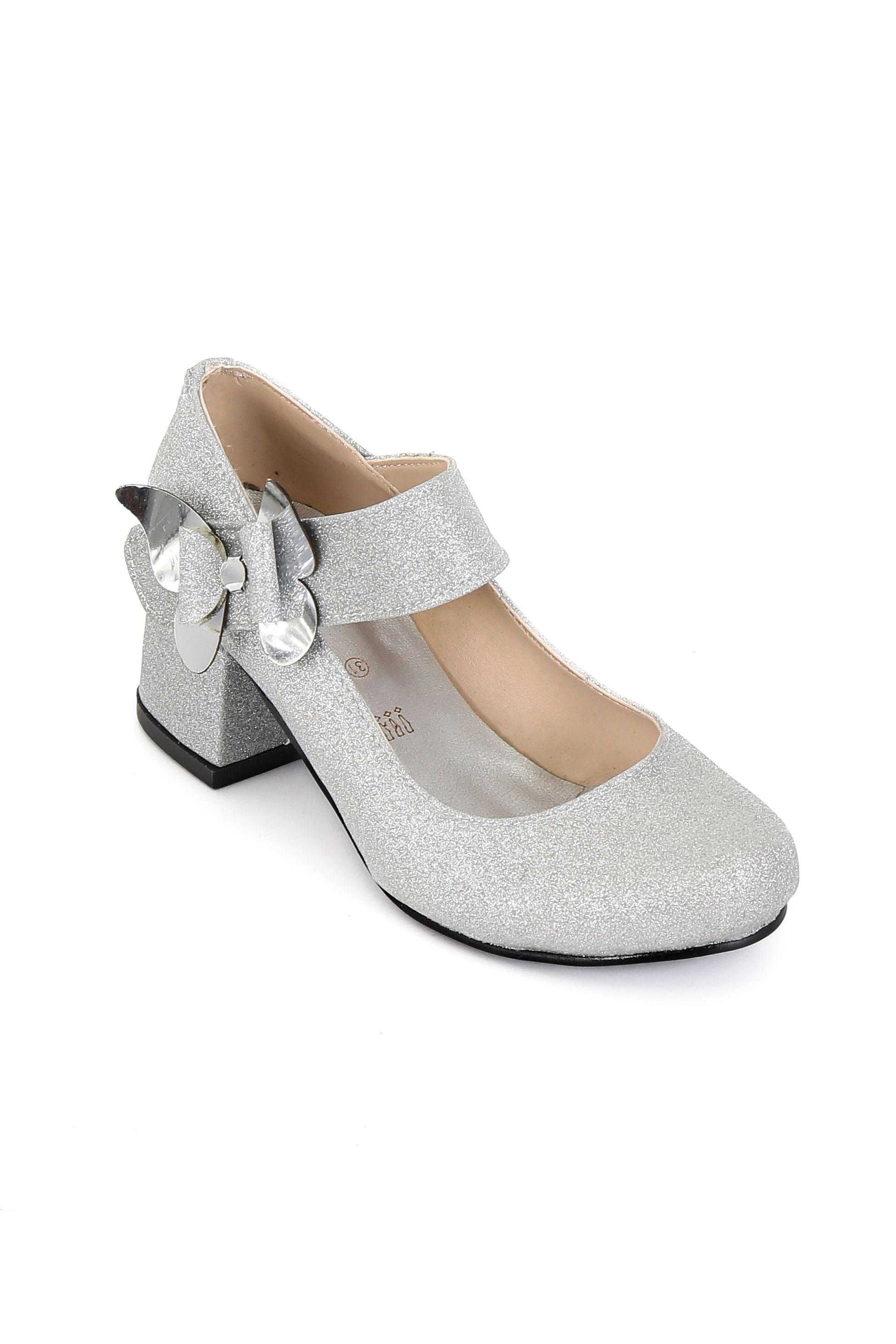 Girls Block Heel Glittery Mary Jane Shoes- AITANA - Silver