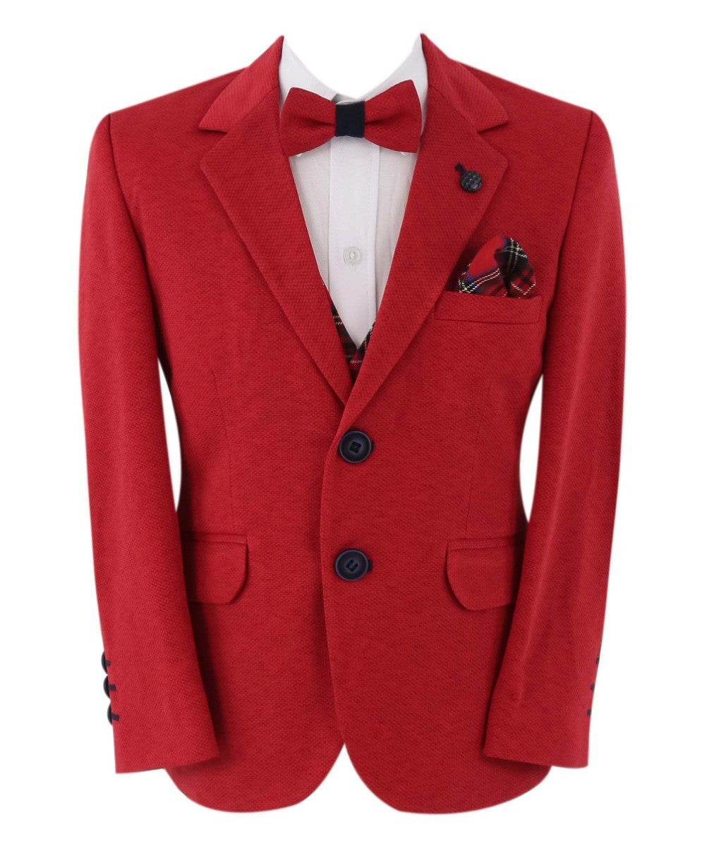 Boys Slim Fit Suit With Tartar check Waistcoat Set - Red