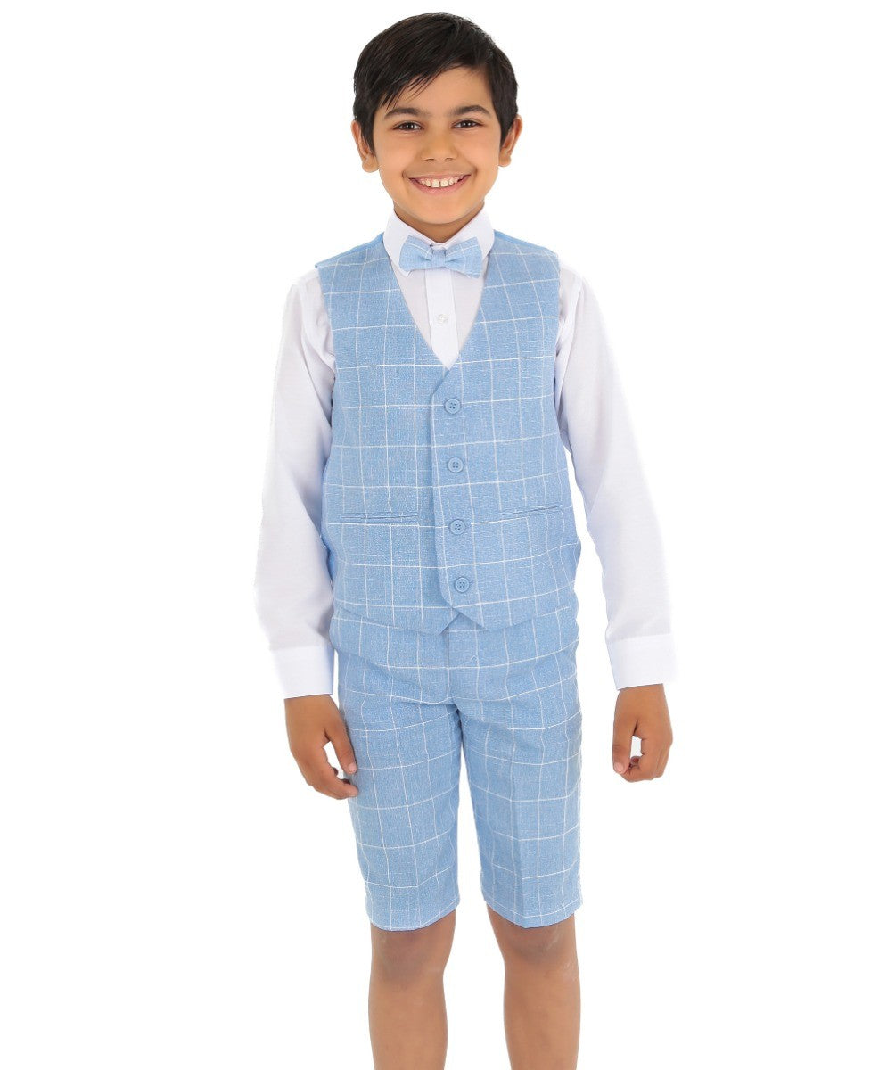 Boys Windowpane Check Blue Waistcoat Set - E-SAM - Blue