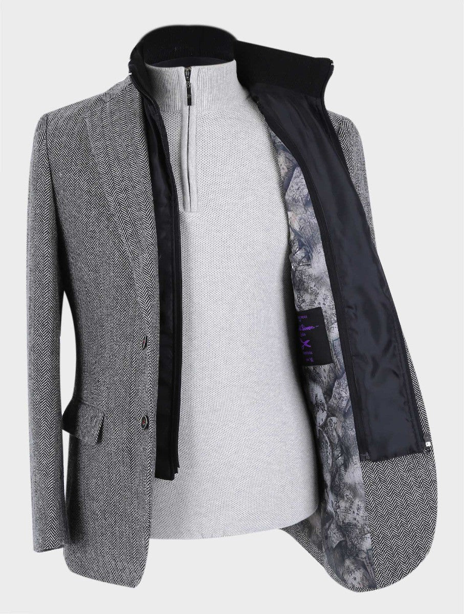 Men's Wool Herringbone Tweed Coat with Removable Zipper - Alexander - Light Grey