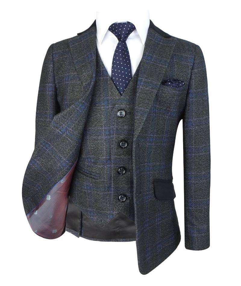 Boys Windowpane Check Charcoal Grey Suit Set - Charcoal Grey