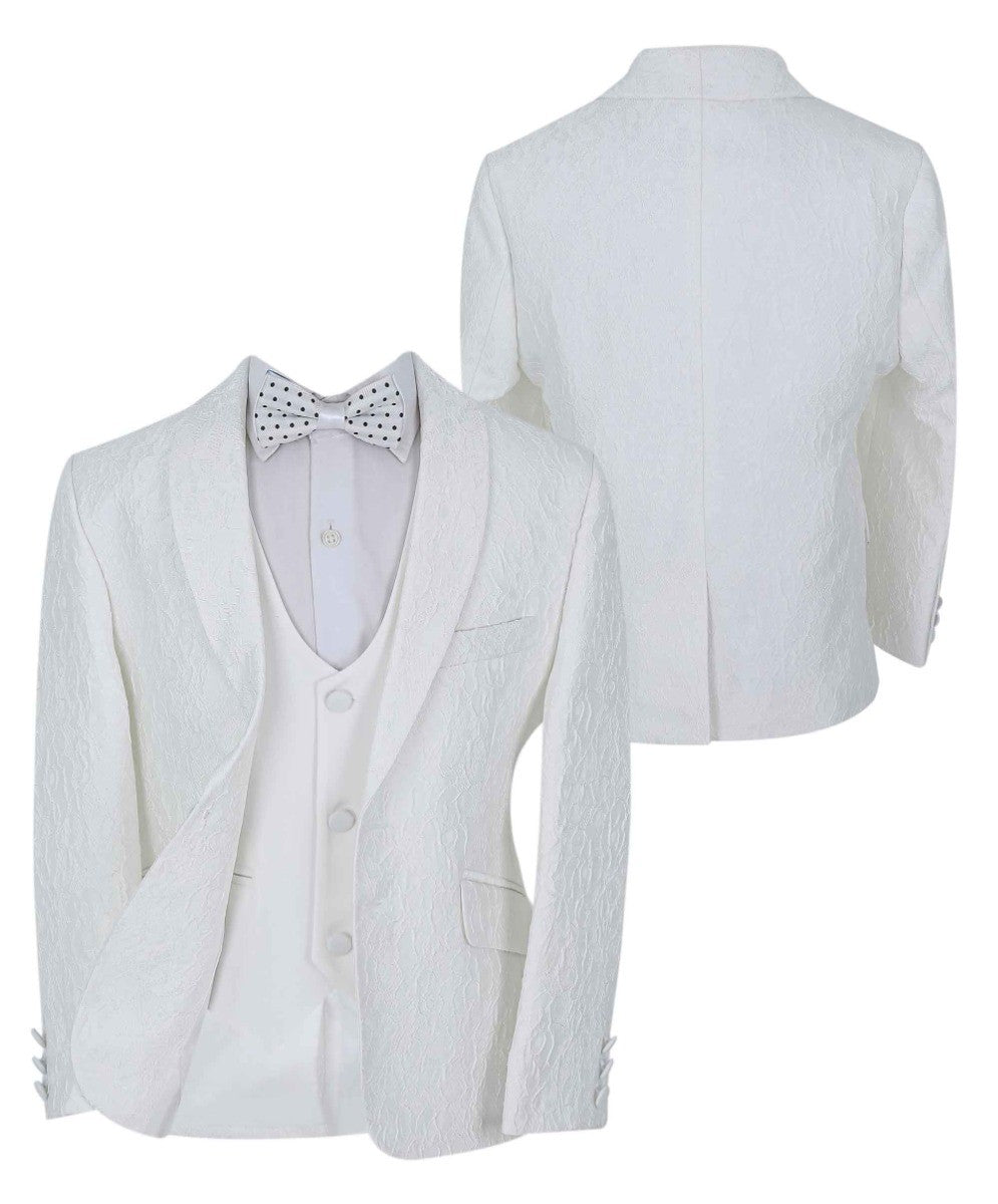 Boy Embroidered Slim Fit Communion Ivory Suit - Ivory