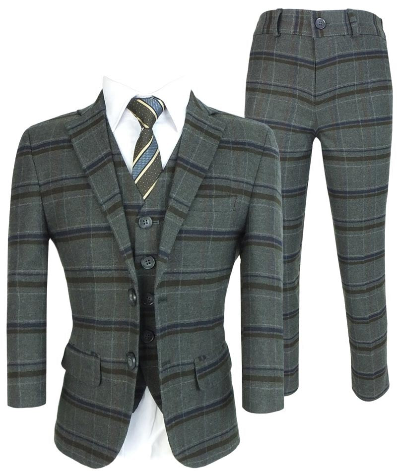 Boys Tailored Fit Charcoal Grey Check Suit - Charcoal Grey